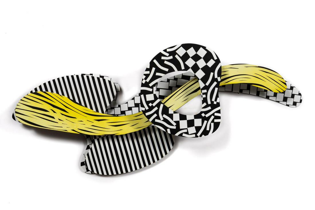 Brad Howe 3D Wall Hanging, Yellow Black White: Brad Howe (American, b. 1959- ). "Untitled" - late 20th century, painted metal, apparently unsigned. Geometric stable Pop Art sculpture reminiscent of Alexander Calder and Roy Lichtenstein. Approx. h.