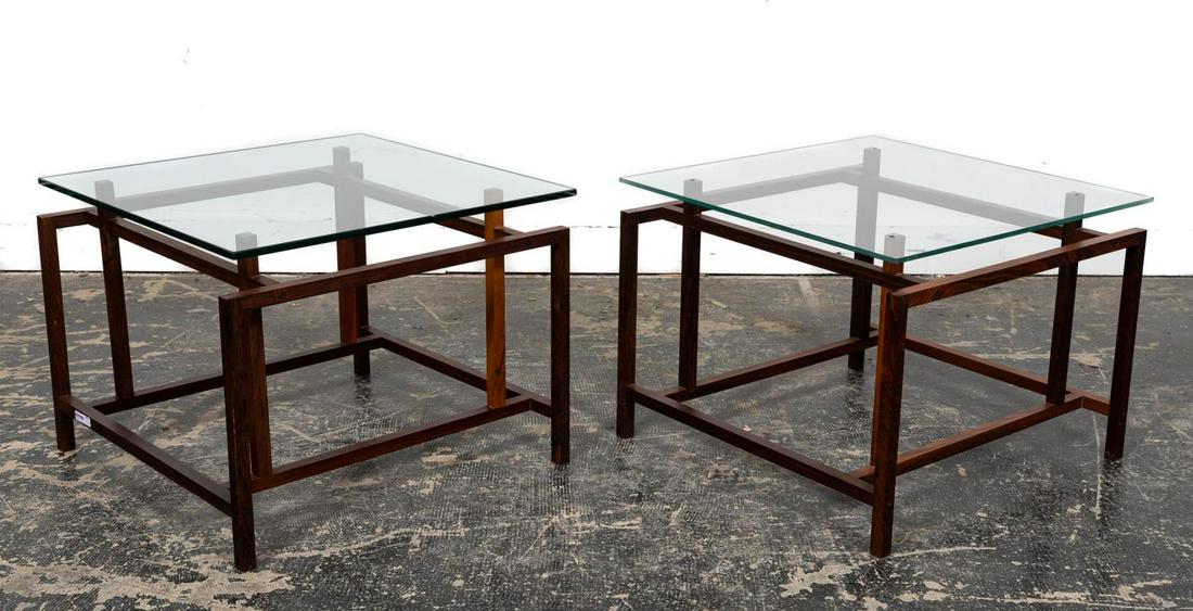 Pair, Henning Norgaard Rosewood Glass Side Tables: Henning Norgaard (Danish, b. 1937- ) for Komfort (Danish, mid 20th century), circa 1960. A pair of square glass top and rosewood side tables. Approx. h. 15", w. 19.75", d. 19.75".