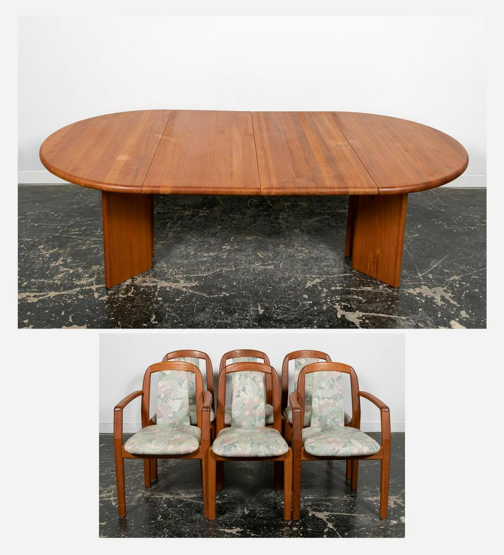 7pc Set, Danish Skovby Dining Table & Six Chairs: In the style of Skovby (Danish, est 1933) and Dyrlund (Danish, founded 1960"s), second half 20th century. A seven piece set dining set comprising on one round dining table with two leaves and six chai