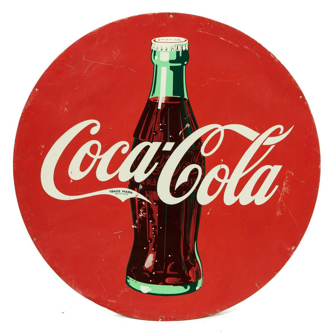 Circa 1960, Enameled Metal Coca-Cola Sign: American, 20th century. Round Coca-Cola advertising sign, enamel on tin, iconic bottle against a red ground, name in white across center, original mounting holes around edge. Unmarked. Approx. dia. 48