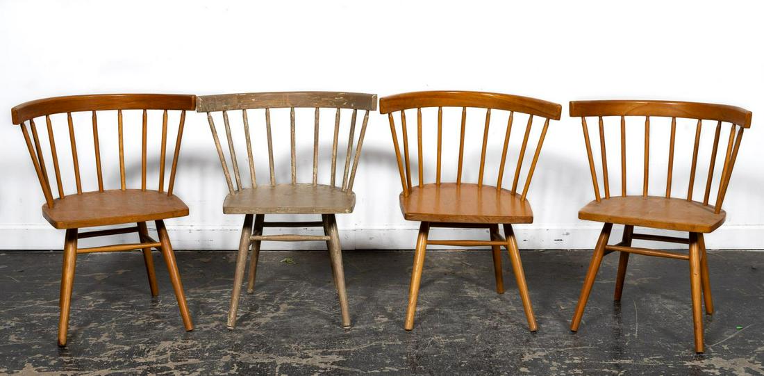 Set, Four Nakashima For Knoll Straight Chairs: George Nakashima (American, 1905-1990) for Knoll Associates (American, founded 1938), circa 1947. A group of four "Straight Back" dining chairs in walnut and hickory. Approx. h. 30", w. 23", d. 19"; s