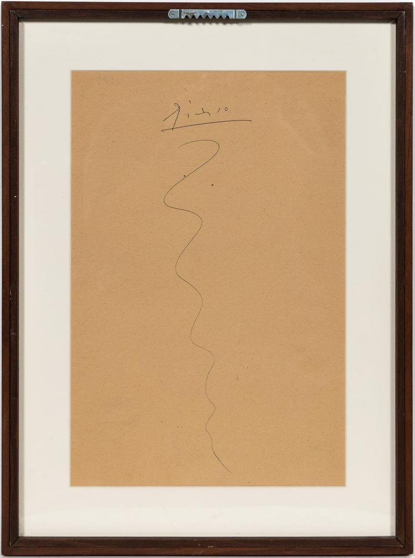 Pablo Picasso, "Felix Menu" Pen Ink Drawing: Pablo Picasso (Spanish, 1881-1973). "Felix Menu", pen drawing on verso of Felix restaurant menu, signed to verso above drawing "Picasso". An unique example of Picasso's hand drawn ink sketch on the ve
