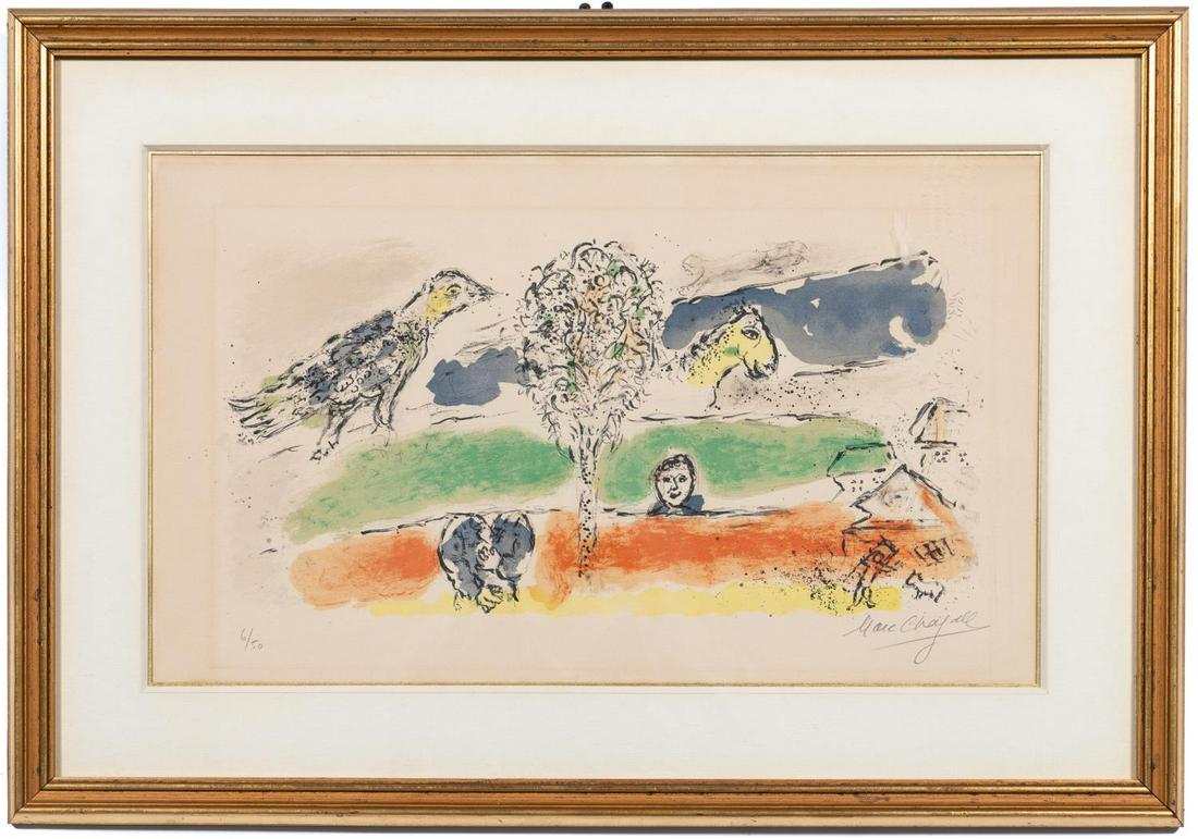 Marc Chagall 1974 "Le Fleuve Vert" Lithograph: Marc Chagall (Russian/French, 1887-1985). "Le Flueve Vert" or "The Green River" - 1974 published by Mourlot, Paris, colored lithograph on paper, graphite signed to lower right "Marc Chagall" and numbe