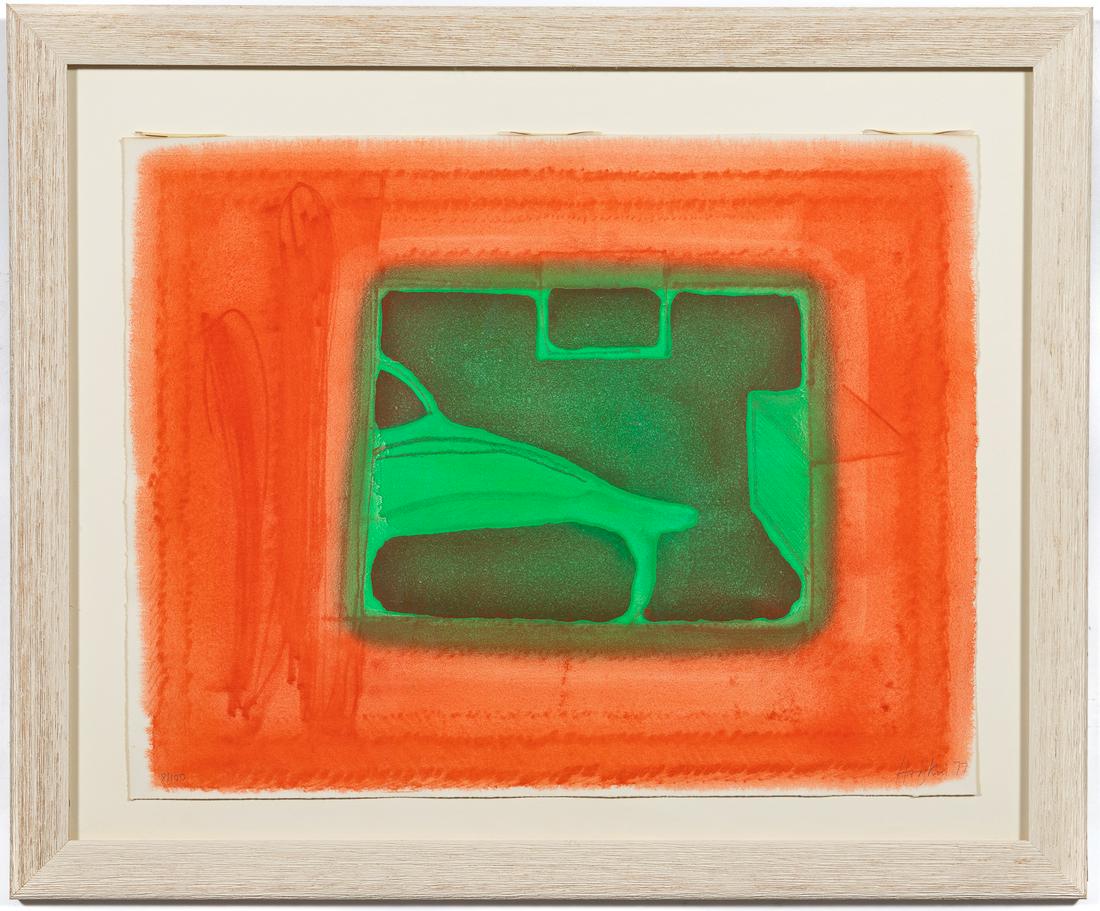 Howard Hodgkin, "A Furnished Room" 1977 Etching: Howard Eliot Hodgkin (American / British, 1932-2017). "A Furnished Room" - 1977, etching and aquatint in colors with hand coloring on Arches paper, signed, dated and numbered 8/100 on lower edge. Appr