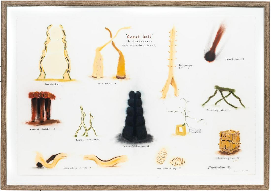 David Nash "Comet Ball" Framed Mixed Media, 1992: David Nash R.A.(American / English, b. 1945 - ). "Comet Ball - 12 Sculptures with Improvised Sound" -1992, mixed media on paper, signed, dated and inscribed on lower right. Sketches for sculptures. Ap