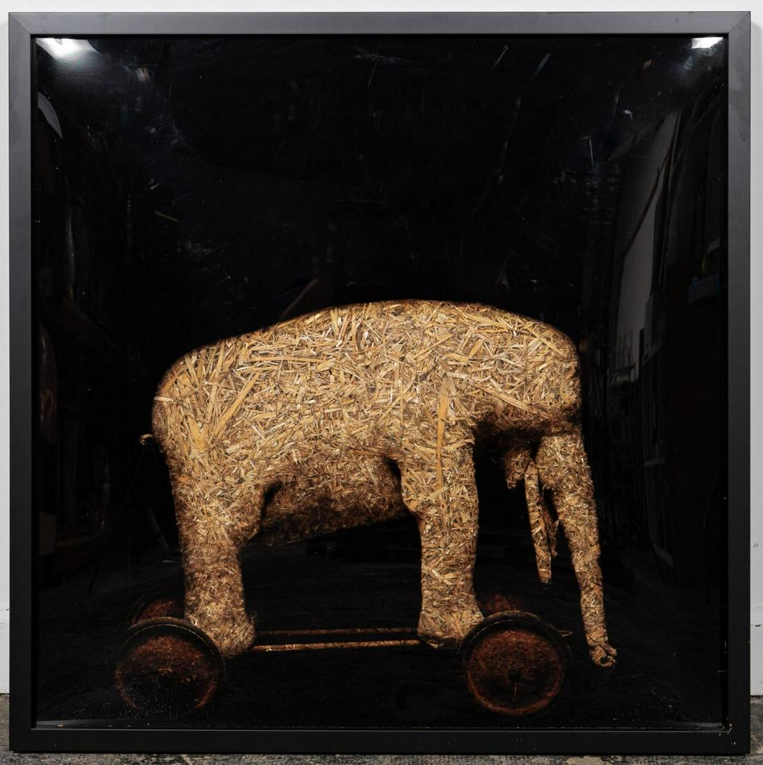 Todd Murphy, Framed Mixed Media "Straw Elephant": Todd Murphy (American (Georgia), b. 1962-). "Straw Elephant" - 21st century, mixed media. A figural depiction of elephant using found objects like straw and burlap behind painted Plexiglas to create t