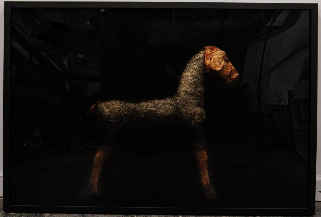 Todd Murphy, "Straw Horse" in Framed Shadowbox: Todd Murphy (American (Georgia), b. 1962 -). "Straw Horse" - 21st century, mixed media. Figural depiction of horse using straw, burlap and tulle behind painted Plexiglas to create texture, depth and d