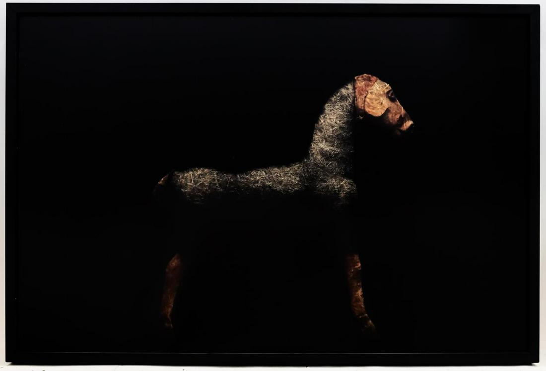 Todd Murphy Mixed Media "Straw Horse" in Shadowbox: Todd Murphy (American (Georgia), b. 1962 -). "Straw Horse" - 21st century, mixed media. Figural depiction of horse using straw, burlap and tulle behind painted Plexiglas to create texture, depth and d