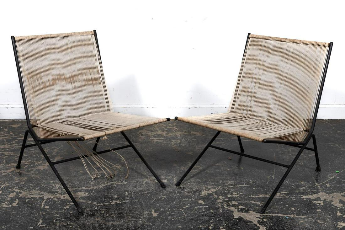 2, Alan Gould String "Bow" Lounge Chairs, C. 1950: Allan Gould (American, 1908-1988), circa 1950. A pair of iconic string "Bow" lounge chairs having cord and metal framing. Approx. h. 29", w. 20", d. 28".