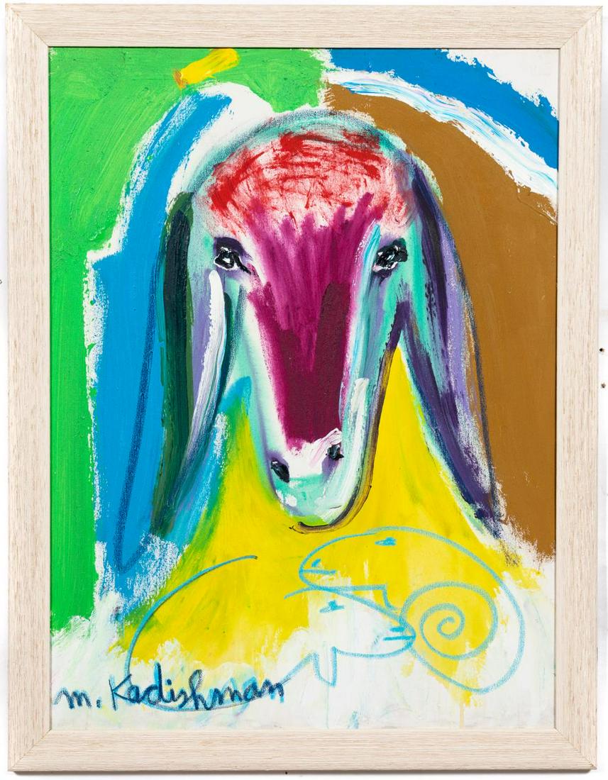 Menashe Kadishman, "Sheep Head" Colorful Oil: Menashe Kadisman (Israeli / English, 1932-2015). "Sheep Head" - late 20th century, oil on canvas painting, signed lower left. Colorful painting of a sheep's head. Approx. 31.5" x 23.625" (canvas), 35"