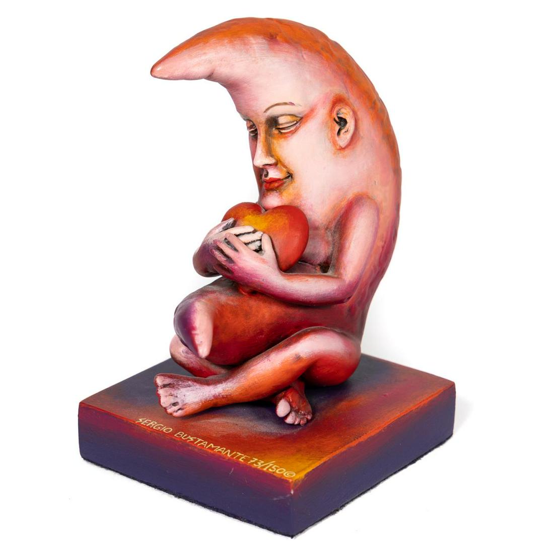 Sergio Bustamante "Moon In Love" Resin Sculpture: Sergio Bustamante (Mexican, born 1949). "Moon in Love", hand-painted resin sculpture, signed to base "Sergio Bustamante 73/150". Approx: h. 5.5", w. 3.5", d. 4.75". Provenance: From The Estate of Mr. 