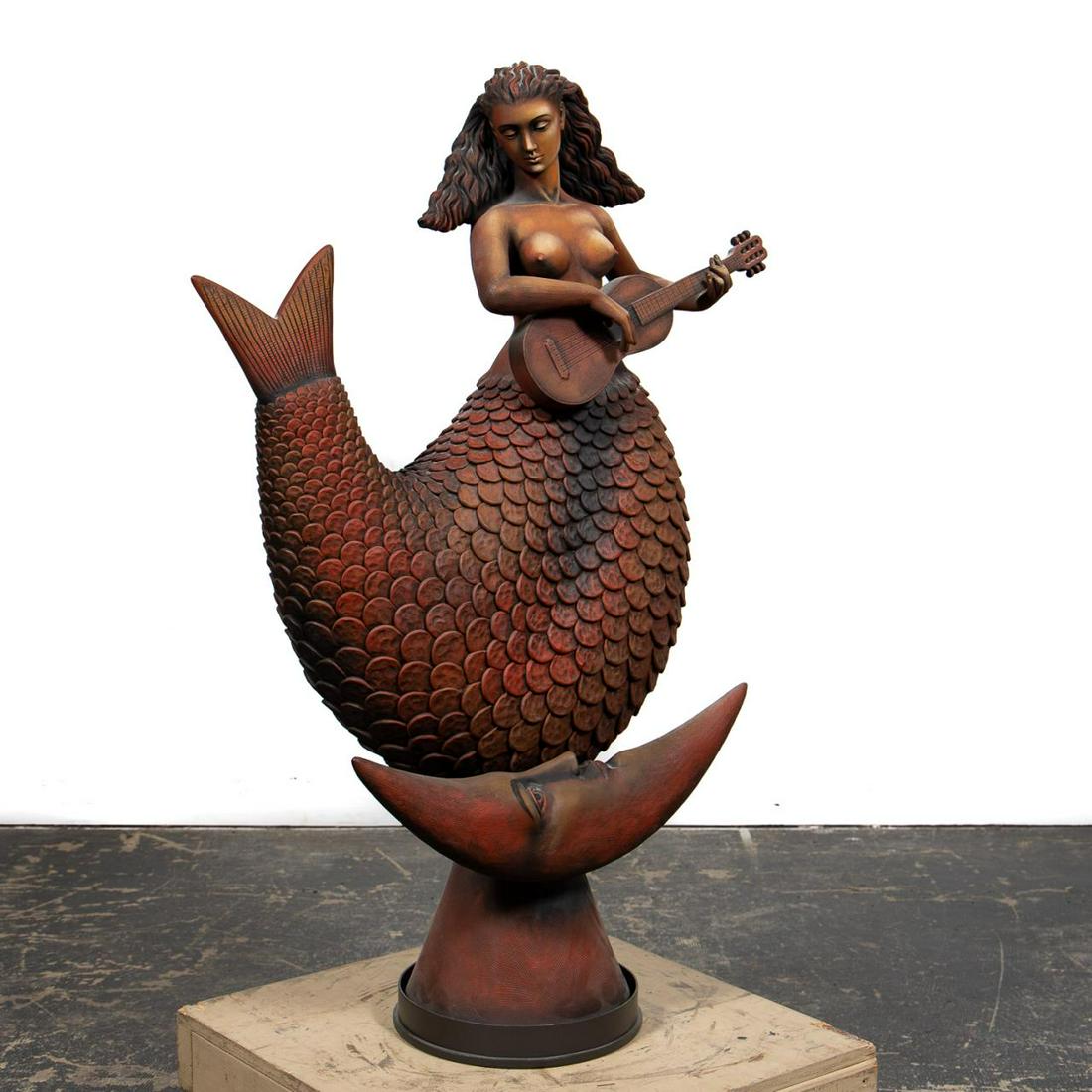 Large Sergio Bustamante "Rustic Mermaid" Sculpture: Sergio Bustamante (Mexican, born 1949). "Rustic Mermaid With A Guitar", mixed composition, signed to verso "Sergio Bustamante 4/75". Approx: h. 46", w. 29.25", d. 11". Provenance: From The Estate of M