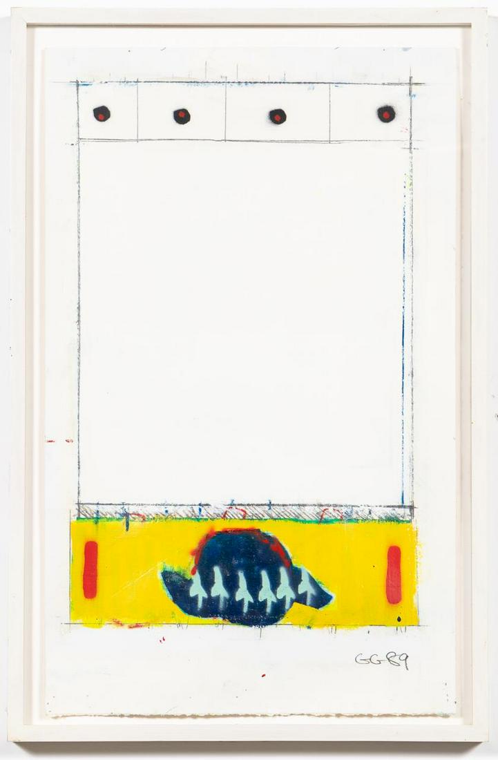 Glenn Goldberg, "O.P. 89" Pencil & Enamel: Glenn Goldberg (American, born 1953). "O.P. 89" - 1989, pencil and enamel on paper, signed to lower right "GG, 89". Approx: (paper) 20.75" x 12.75", (frame) 23" x 15". Provenance: From the Private Col