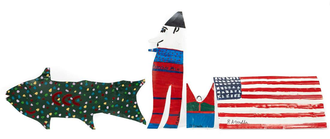 RA Miller, Four Pieces Of Hand Painted Folk Art: Reuben Aaron Miller (American, 1912-2006). "American Flag", "Shark", "Preacher Man" and "Lord Loves You", acrylic on metal paintings, signed to each piece. Approx: (American flag) 13" x 23.5", (Preach