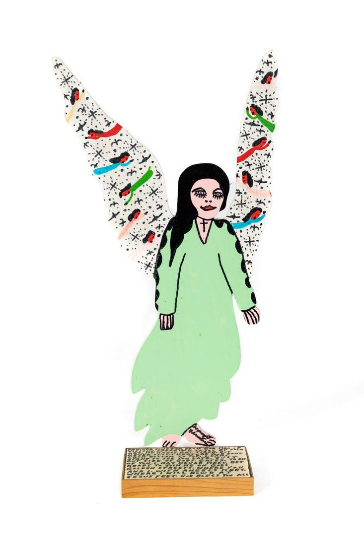Howard Finster "Angel" Folk Art Wooden Sculpture: Reverend Howard Finster (American, 1916-2001). "Angel" - 1993, polychromed wooden angel sculpture, signed to foot of sculpture and verso of wing "27,000. 556 - works since 1976 by Howard Finster, Jan 
