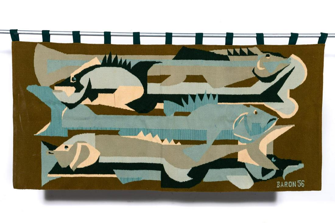 1956 Jean Baron, Mid Century Modern Fish Tapestry: Jean Baron (French, 20th century). A Mid Century Modern wool tapestry with cubist style influence decorated with sturgeon, trigger fish and others. Signed to lower right "Baron, 1956". Approx: (includ