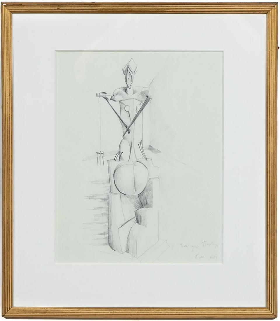Kimo Minton, 1989 Figural Abstract Pencil Sketch: Kimo Minton (American, born 1950). "Figural Abstract" - 1989, pencil sketch on paper, signed and inscribed to lower right "Thank you Timothy, Kimo 1989". Approx: (image) 13" x 10", (frame) 19" x 16.5"