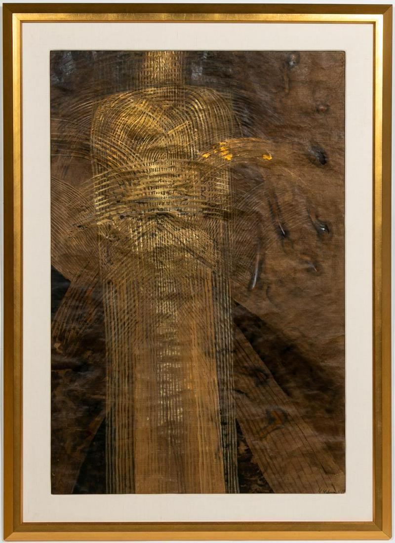 1989 Israeli School Abstract Mixed Media Painting: Israeli School. "Untitled" - 1989, mixed media on paper, dated and signed illegibly to lower right. An abstract painting on a brown background with heavy gold abstract waving. Approx: (image) 51" x 34
