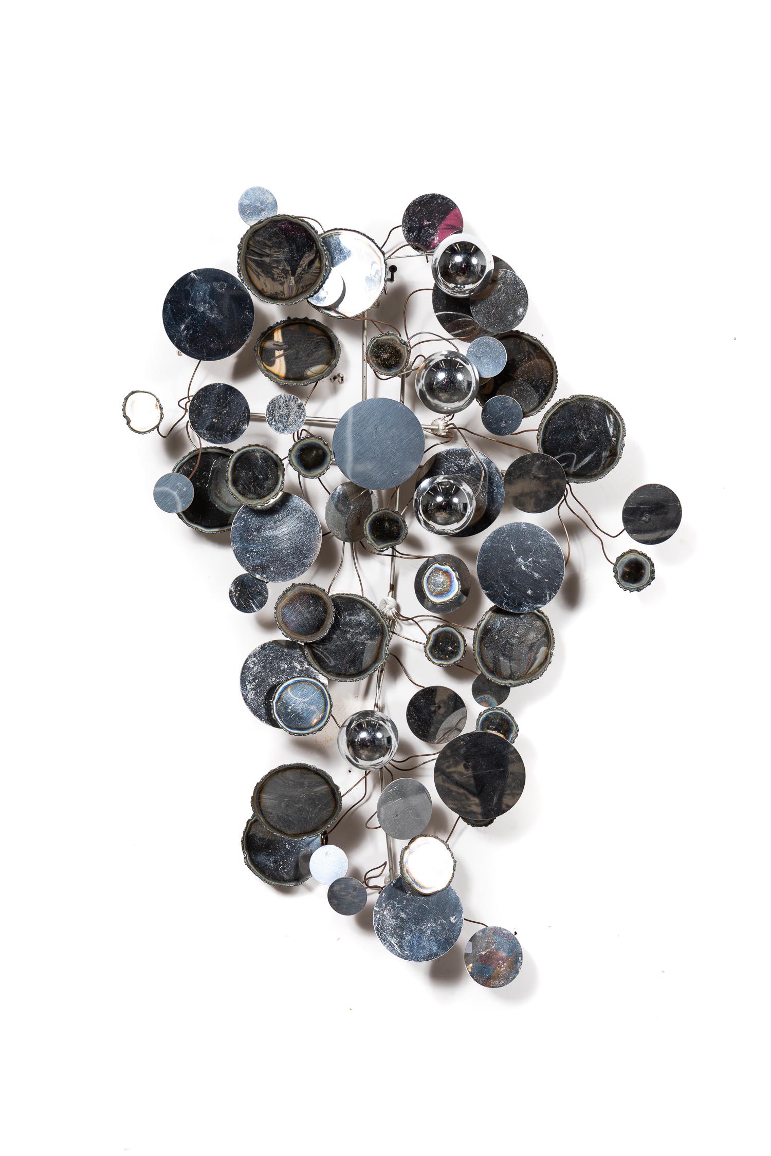 Attrib: Jere Mixed Metal “Raindrops” Wall Hanging: Attributed To: Curtis Jere (American, founded 1963), “Raindrops” - circa 1970, steel, wire, and aluminum, apparently unsigned. Mid Century Modern iconic metal wall sculpture. Approx. w. 30”, d. 