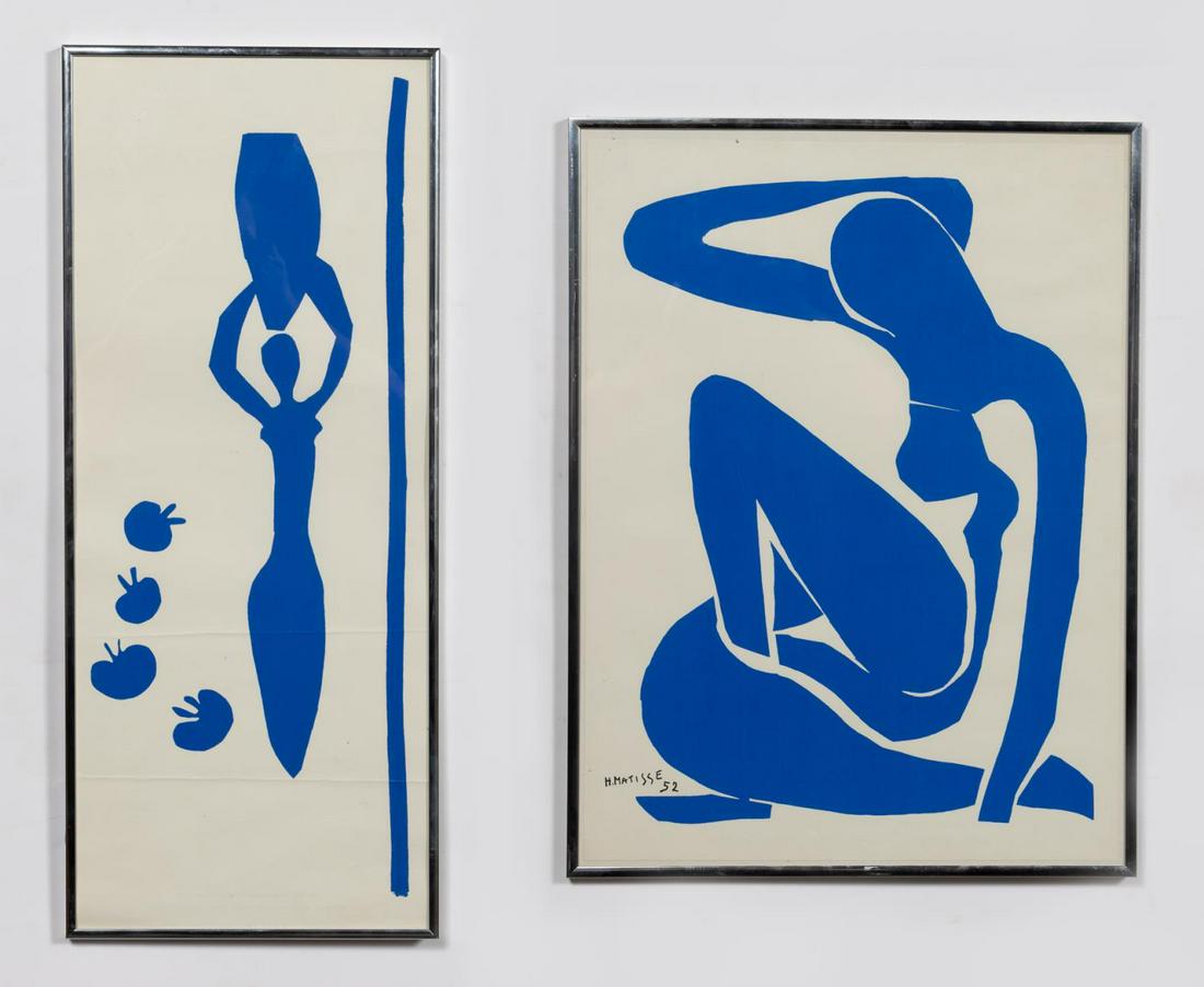 Henri Matisse 2 Blue Figural Works, Nu Blue Series: After Henri Matisse (French, 1869-1954)."Nu Bleu I (Blue Nude I), & "Woman with Amphora and Pomegranates" - circa 1950, serigraph on paper. Approx. 24.25" x 10.25" (frame) and 24.625" x 18.5" (frame).