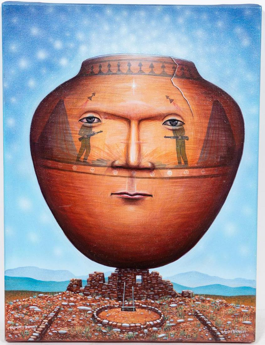 David Bradley "Humpty Dumpty II", Acrylic Painting: David Bradley (Native American, B. 1954). "Humpty Dumpty II" - 1983, acrylic on canvas painting, signed to lower right "David P. Bradley, 83", to stretcher "Humpty Dumpty II, David P. Bradley, 83', Ac