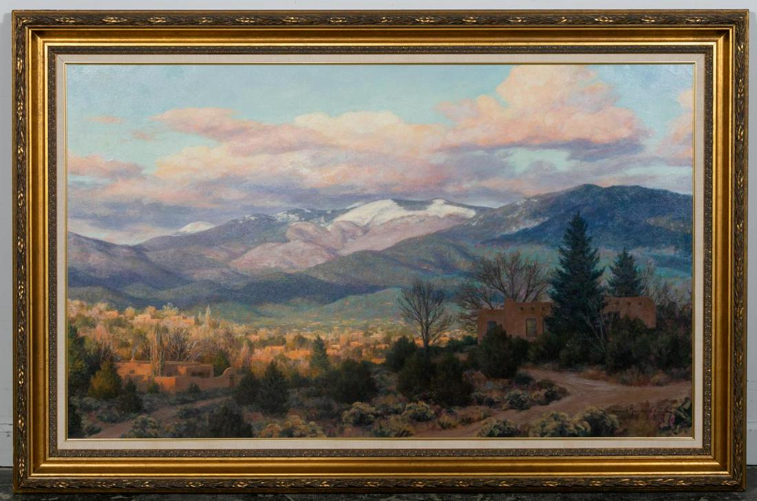 Grant Macdonald "Santa Fe" Oil On Canvas Painting: Grant Macdonald (American, born 1944). "Santa Fe", oil on canvas painting, signed to lower right "Grant Macdonald" and has an affixed Morris & Whiteside Galleries sticker to verso. A monumental sized