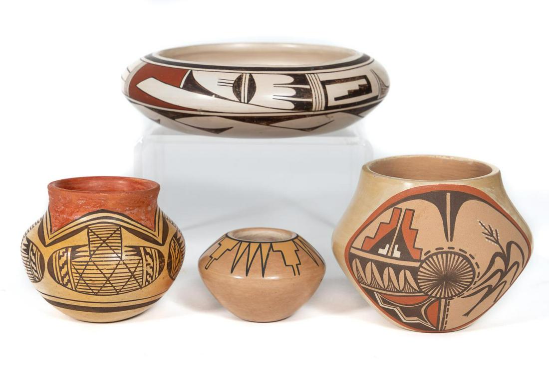 Four Native American Pottery Vessels, Frogwoman: American, 20th century. A group of four Jemez / Hopi, pottery vessels comprising of a shallow bowl by Hopi Frogwoman (Joy Navasie), small redware vase by Blue Corn (1921-1999), small jar with basket m