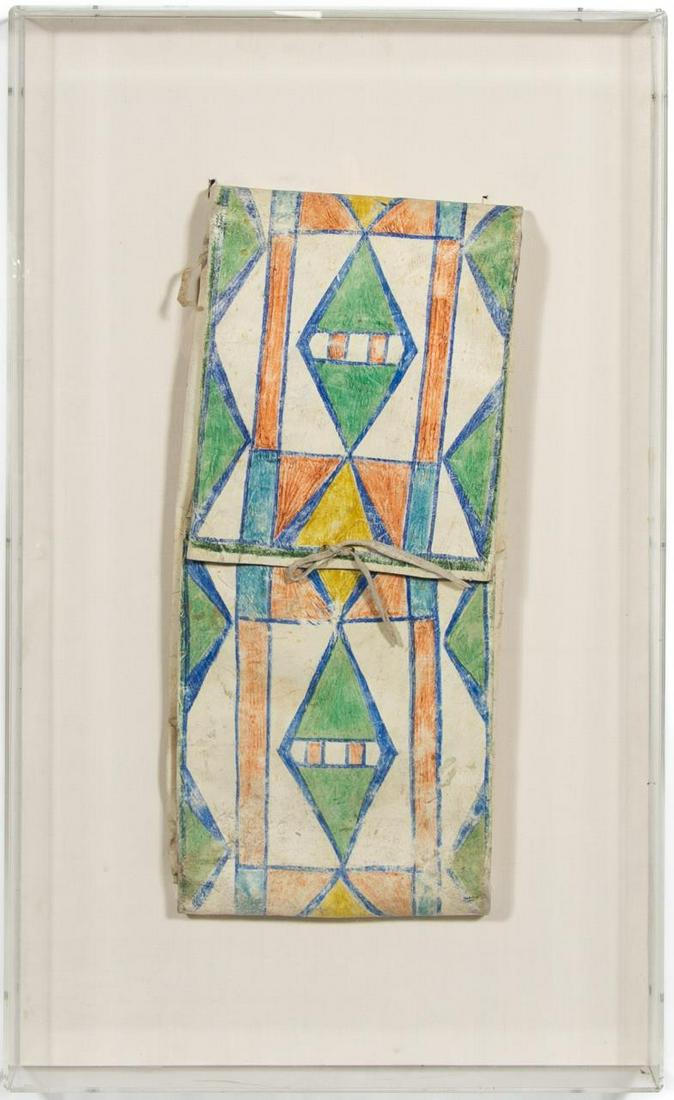 Crow Hand Painted Suede Parfleche Envelope: American, circa 1900. A suede parfleche envelope painted with symmetrical diamond patterns flanked with elongated red, green, blue and yellow geometric forms. Apparently unmarked. Approx: (Envelope) h