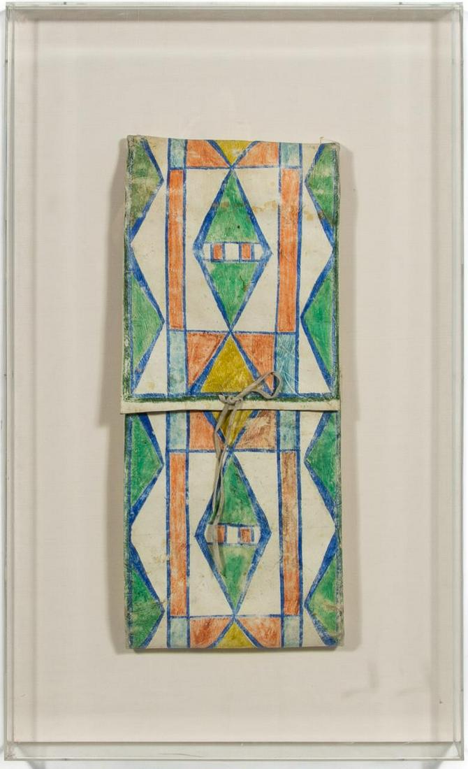 Crow Polychromed Suede Parfleche Envelope: American, circa 1900. A suede parfleche envelope painted with symmetrical diamond patterns flanked with elongated red, green, blue and yellow geometric forms. Apparently unmarked. Approx: (Envelope) h