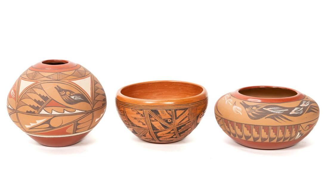 Three Southwestern Pottery Vessels: A group of three Mata Ortiz style pottery vessels comprising of one Patty Maho (American, 20th century) medium bowl, one Vangie Tafoya (American (Jemez / San Ildefonso) b. 1944) leaf and feather motif
