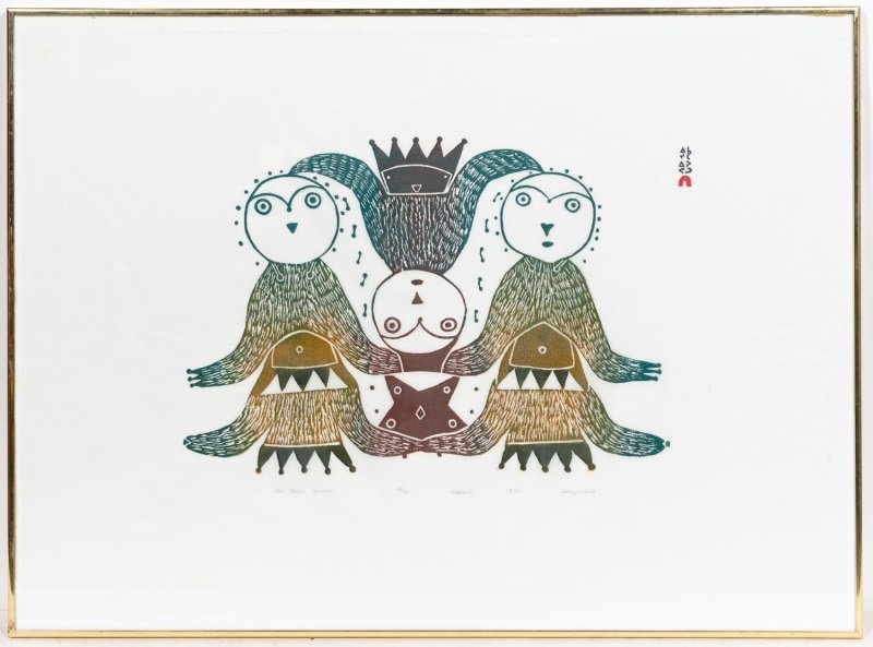 Ikayukta Tunnillie "The Three Spirits" Stonecut: Ikayukta Tunnillie (Inuit, 1911-1980). "The Three Spirits" - 1971, stonecut on paper, signed numbered and titled to lower portion "The Three Spirits, 48/50, Dorset, 1971, Ikayukta" there is also a bli