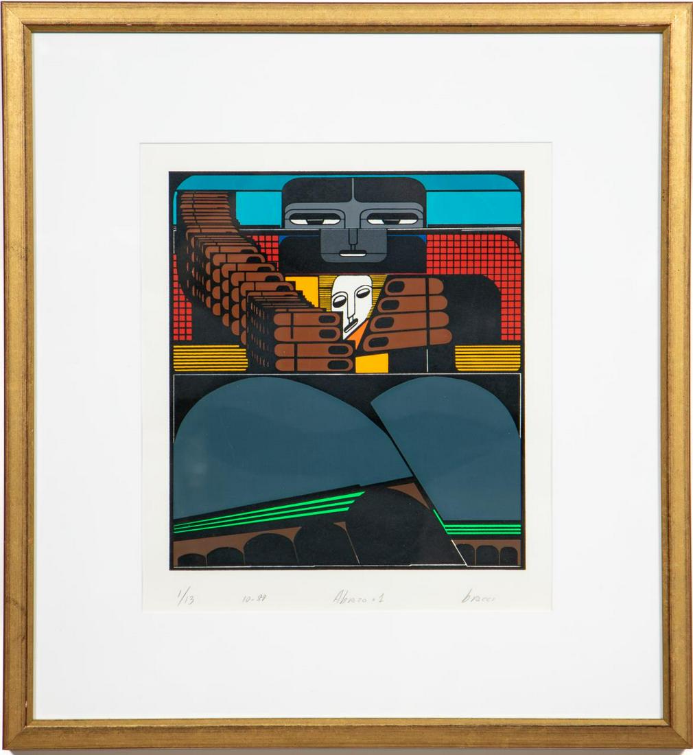 Inuit Style "Abrazo" Signed Lithograph 1/13: American School. "Abrazo x 1" - 1988, lithograph on paper, signed, titled and numbered to lower portion "1/13, 10-88, Abrazo x 1, Bracci". An Inuit style abstract lithograph. Approx: (image) 18" x 16"