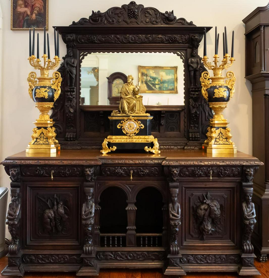 Late 19th C. Henri II Style Oak Sideboard Server: Continental, Late 19th Century. A Henri II style carved oak hunt board or sideboard server carved in high relief with decorated fox heads, knights, filled cornucopia, and sunflowers. Approx. height ov