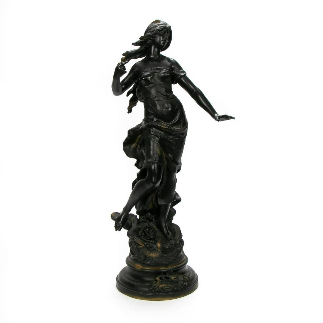 After Auguste Moreau, "Les Hirondelles" Sculpture: After Auguste Moreau (French, 1834-1917). "Les Hirondelles" - 20th century, cast spelter sculpture, signed in cast "Aug Moreau" with an applied plaque reading "Les Hirondelles, Par Aug. Moreau (Med. d