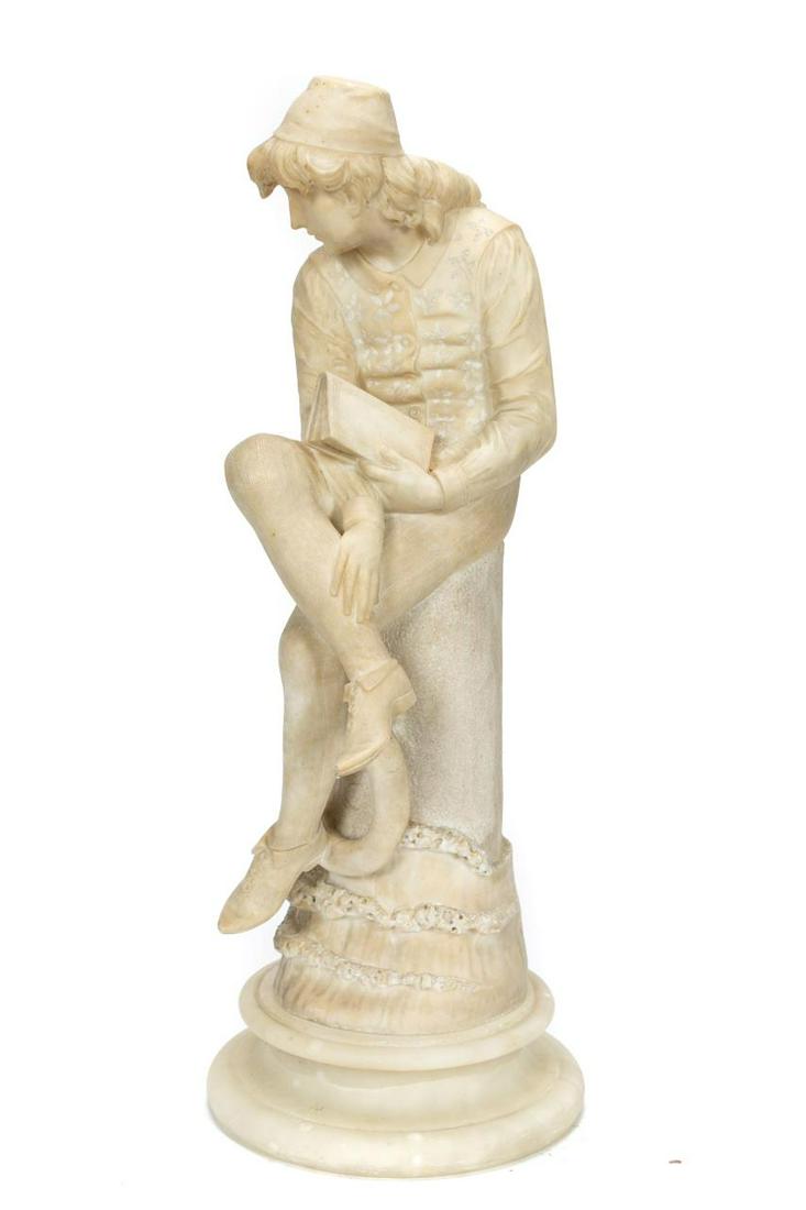 After Dalou, Alabaster Sculpture Of Boy With Book: Continental, late 19th century. After Aime-Jules Dalou (French, 1838-1902), Renaissance style, young boy holding book seated on a dock piling with foot in anchor ring, on associated round alabaster pl