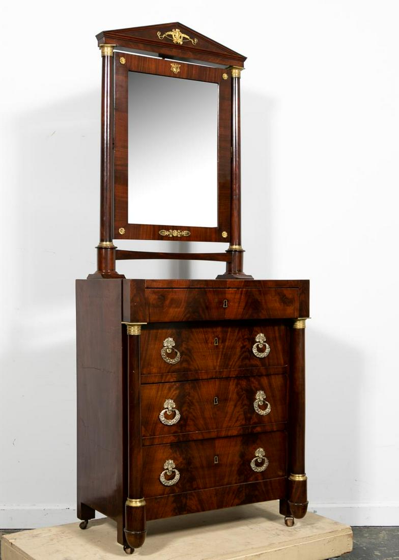 2pc Empire Style Mahogany Dressing Table & Mirror: French, late 19th to early 20th century. Mahogany and ormolu mounted dressing table with adjustable mirror contained in a pedimented frame supported by columns, frame with columns , the case having an