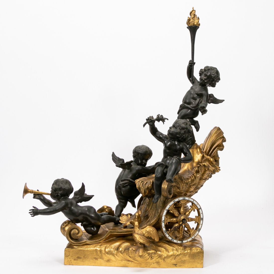 Raingo Freres Monumental Gilt Bronze Chariot Clock: Raingo Freres (French, founded 1823); Zacharie Joseph Raingo (French/Belgium, 1775-1847). A Napoleon III "Le Chariot De L'Amour" circa 1889. An exceptional large scale gilded bronze chariot form mante