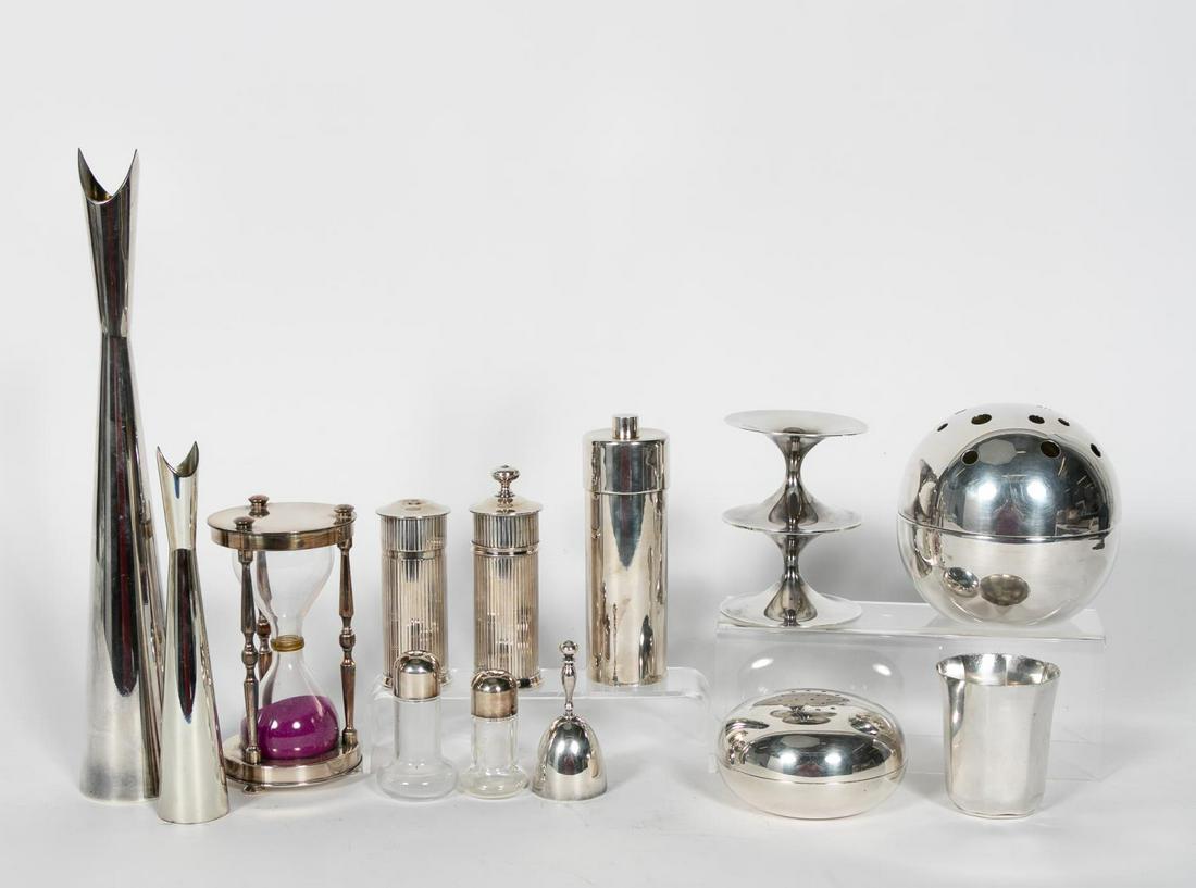 13pc, Christofle Silverplated Tableware Group: Christofle (French, founded 1830). A thirteen piece grouping of silverplate tableware including an hourglass (h. 6.5"), a pair of Lino Sabattini designed "Ripple" salt shaker and pepper mill (h. 5.25"