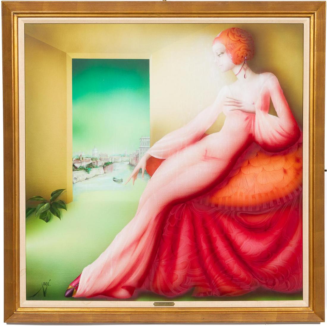 Philippe Auge, Oil on Canvas, "Roman Spell": Phillipe Auge (French, b. 1935 -). "Roman Spell" (Sortilège romain), second half 20th century, oil on canvas painting. Reclining exotic female figure looking out over Venice. Signed lower left, signe