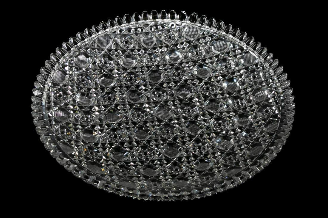12.5" American Brilliant Cut Glass Serving Platter: Possibly Mt. Washington - Pairpoint (American, 1837-1957). A superior American Brilliant period cut glass serving platter with button and hobstar cuts in a checker board pattern. Apparently unmarked. 