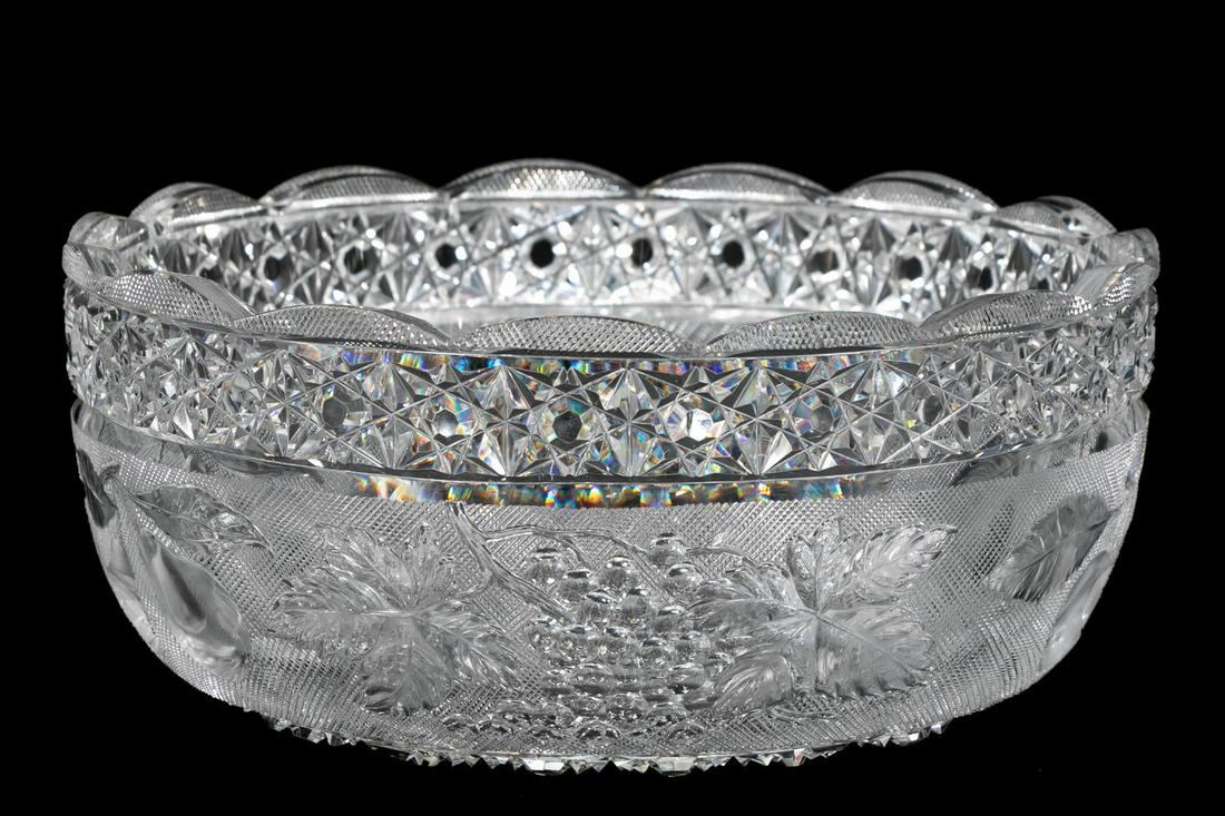 F.X. Parsche Co. Russian & Intaglio Cut Glass Bowl: F.X. Parsche & Company (American, 1877-1986). A unique American Brilliant period cut glass bowl in the Russian pattern accented by deeply engraved foliate and fruit motifs to the central band. Apparen
