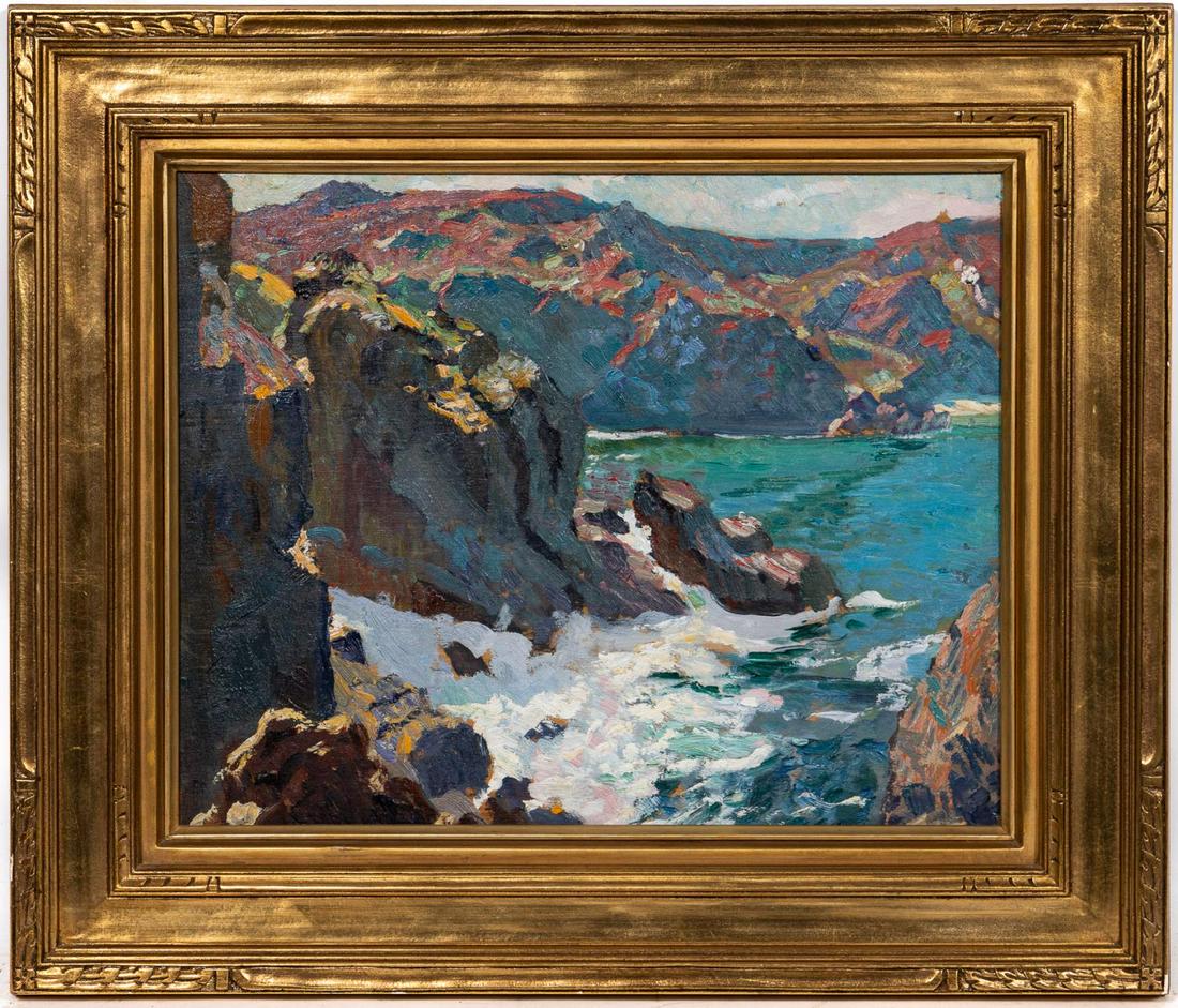 Paul Dougherty, "California Cliffs" Oil On Board: Paul Dougherty (American/ French, 1877-1947). "California Cliffs", oil on board, apparently unsigned but with stamp to verso of board. Approx: (board) 14" x 17.25", (frame) 18.25" x 21.5".