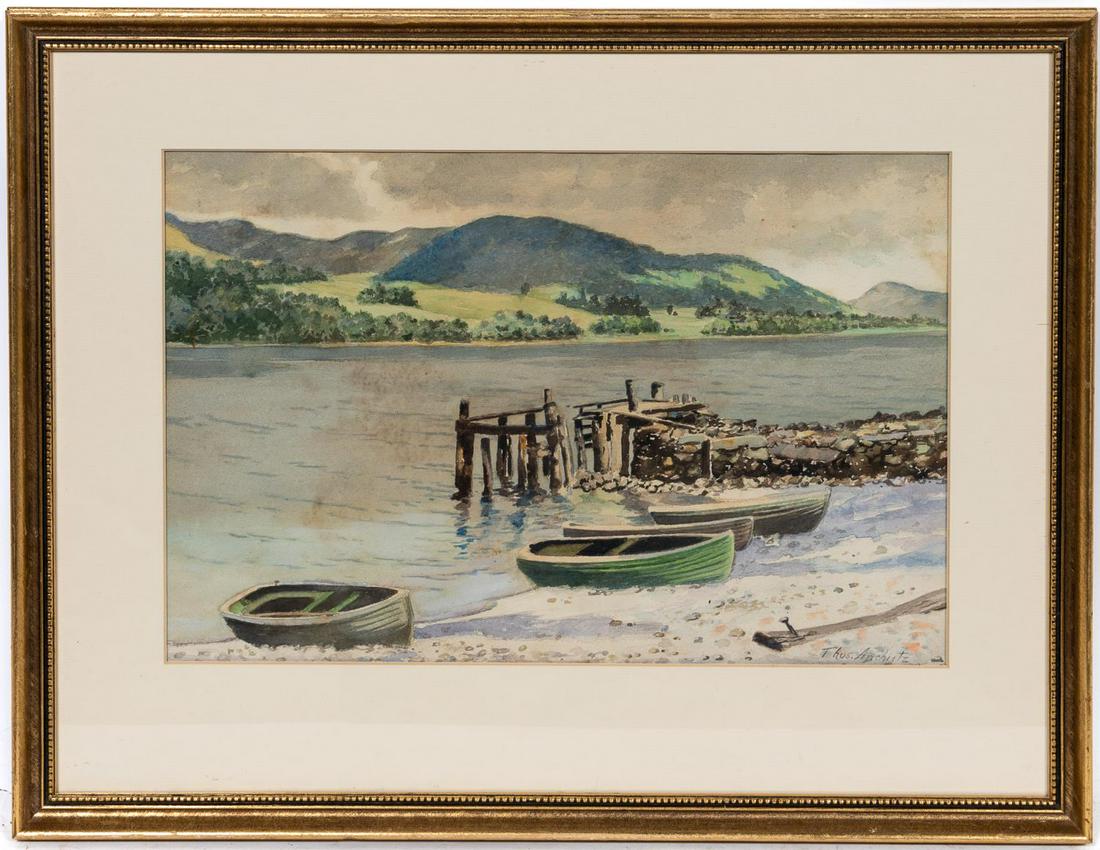 Thomas Anshutz "Overcast", Watercolor Painting: Thomas Anshutz (American, 1851-1912). "Overcast", watercolor on paper, signed to lower right "Thos. Anshutz". A watercolor painting of four row boats resting on the shore beyond a mountain cliff. Appr