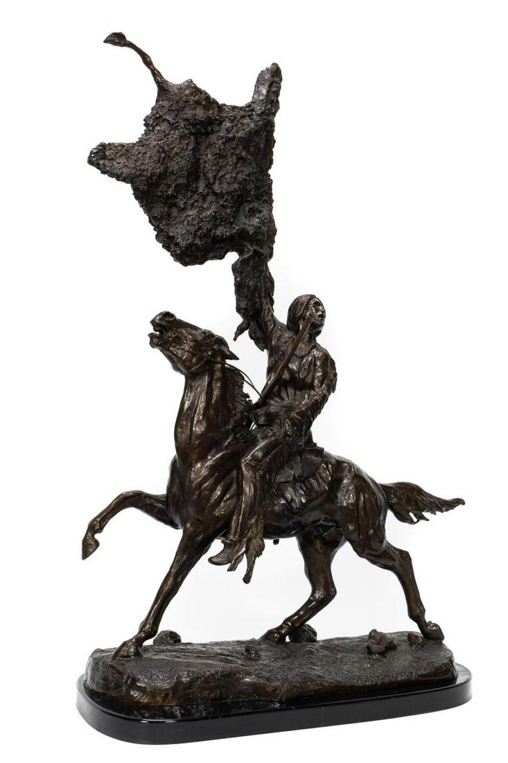 After Remington "Buffalo Signal" Bronze Sculpture: After Frederic Remington (American, 1861–1909). "Buffalo Signal" - Bronze on marble, signed on base and inscribed "Henry Bonnard Bronze 00 Founders NY 1895 No 102". Approx h. 30.5", w. 21.5", d. 8.5