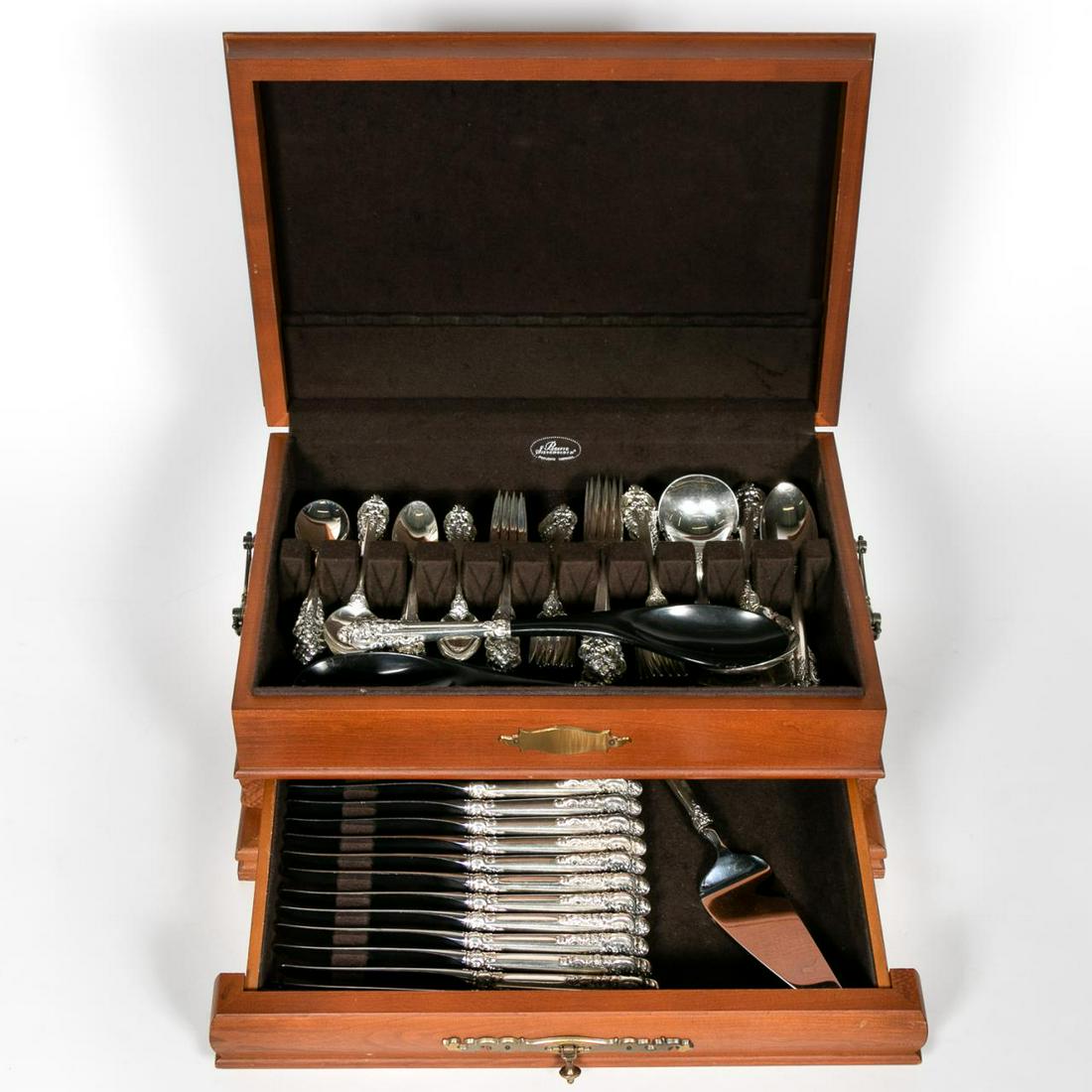 67 Pc, Wallace "Grand Baroque" Silver Flatware Set: Wallace Silversmiths Inc. (American, founded 1871); "Grand Baroque" (introduced 1941). A sixty seven piece sterling silver flatware set including twelve round cream soup spoons (6.125"), twelve teaspo