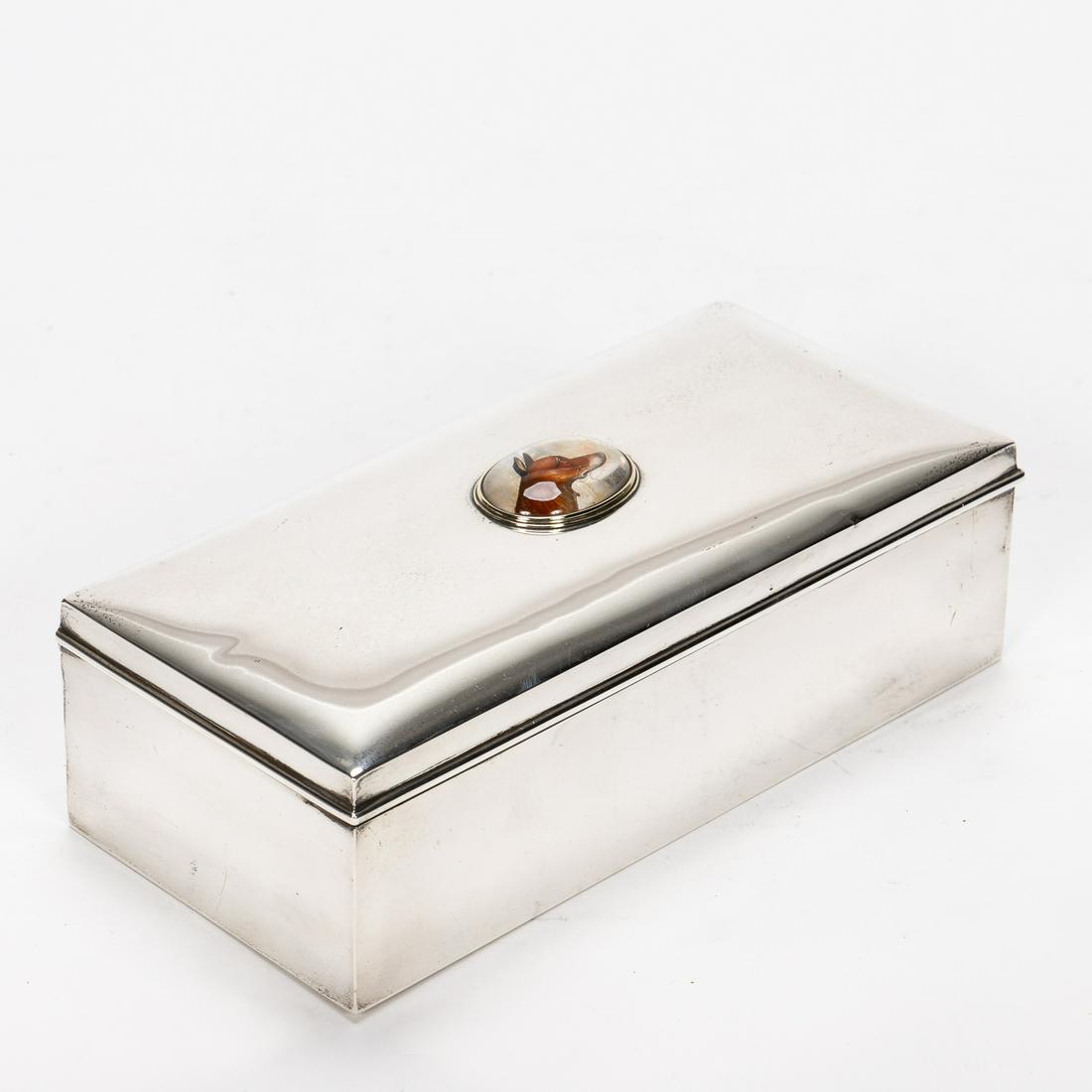 Black, Starr, & Frost Sterling Silver Box With Fox: Black, Starr, & Frost (American, founded 1810), 20th century. Sterling silver cigarette box having an oval painted glass intaglio image of a fox, the interior cedar lined. Maker's and fineness mark to