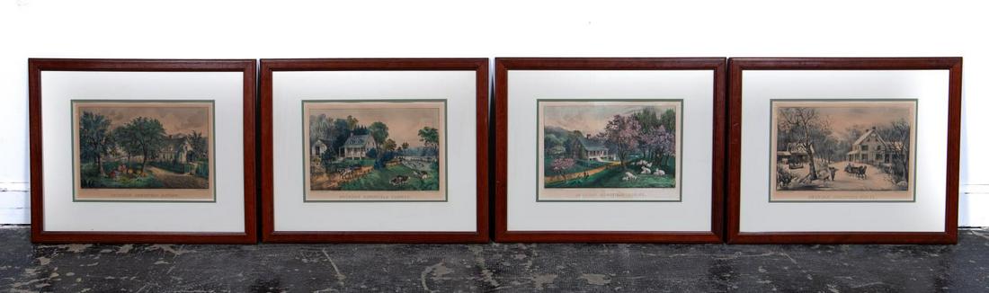 Currier & Ives, "American Homestead" Four Seasons: After Currier & Ives (American, 1857-1907). "American Homestead Winter", "American Homestead Spring", "American Homestead Summer" and "American Homestead Fall" - set of four hand-colored lithographs o