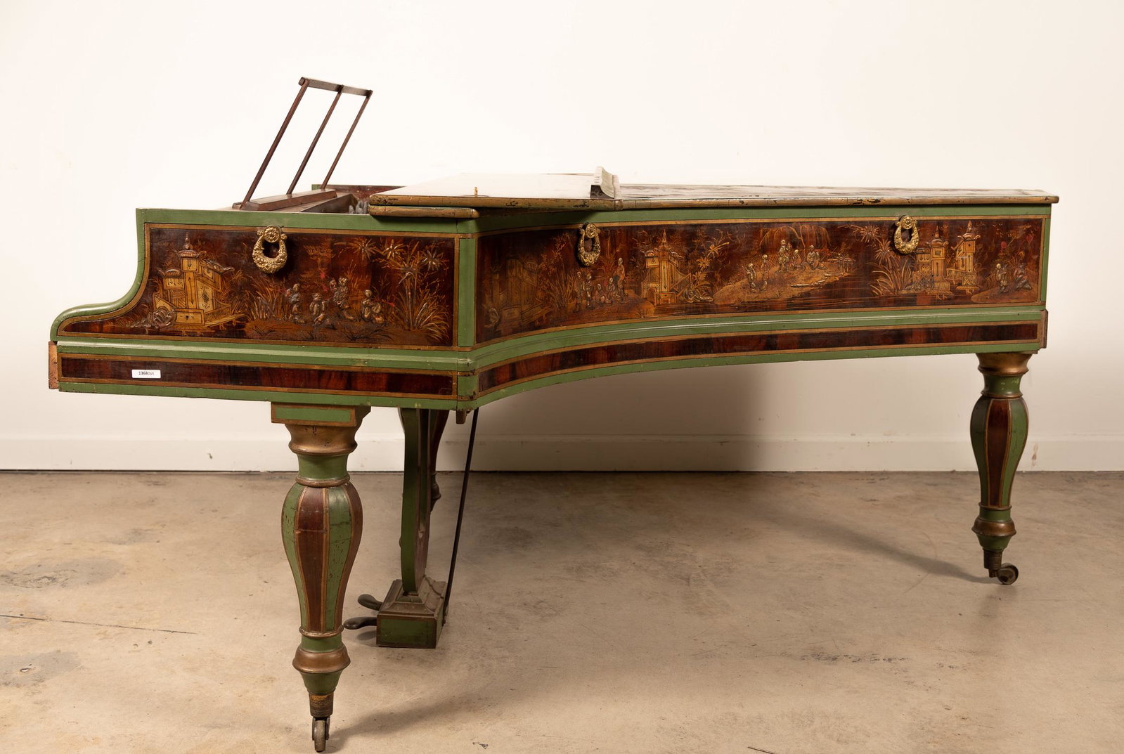 19th C. German Green Japanned Chinoiserie Piano: Grotrain-Steinweg, (German (Branschweig), 1835), late 19th century. A green Japanned chinoiserie motif lacquered piano. Marked on front cover. Approx. h. 35.325", w. 46", d. 72".