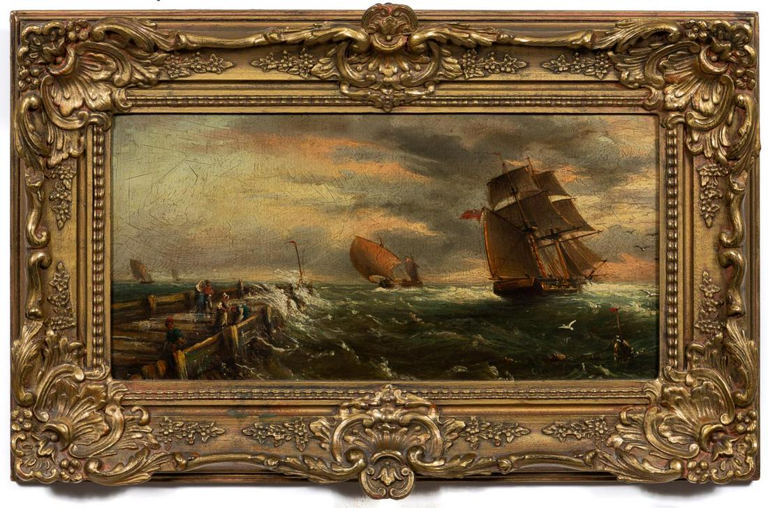 George Callow "Calm Before The Storm" Oil Painting: George Callow (English, 1829-1895). "Calm Before The Storm", oil on board painting, signed lower right "G. Callow" and with a "Treasure House Antiques" tag to verso. Approx: (board) 8" x 16", (frame) 