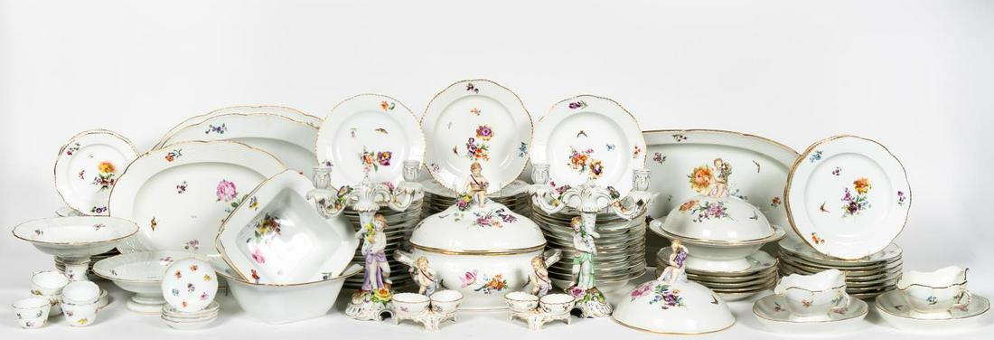 106 pc. Mainly KPM Floral Porcelain Dinner Service: Konigliche Porzellan-Manufaktur (German, founded 1763), late 19th century. Expansive mainly KPM, hard paste expansive porcelain dinnerware service, white ground with multi-color floral sprays and inse